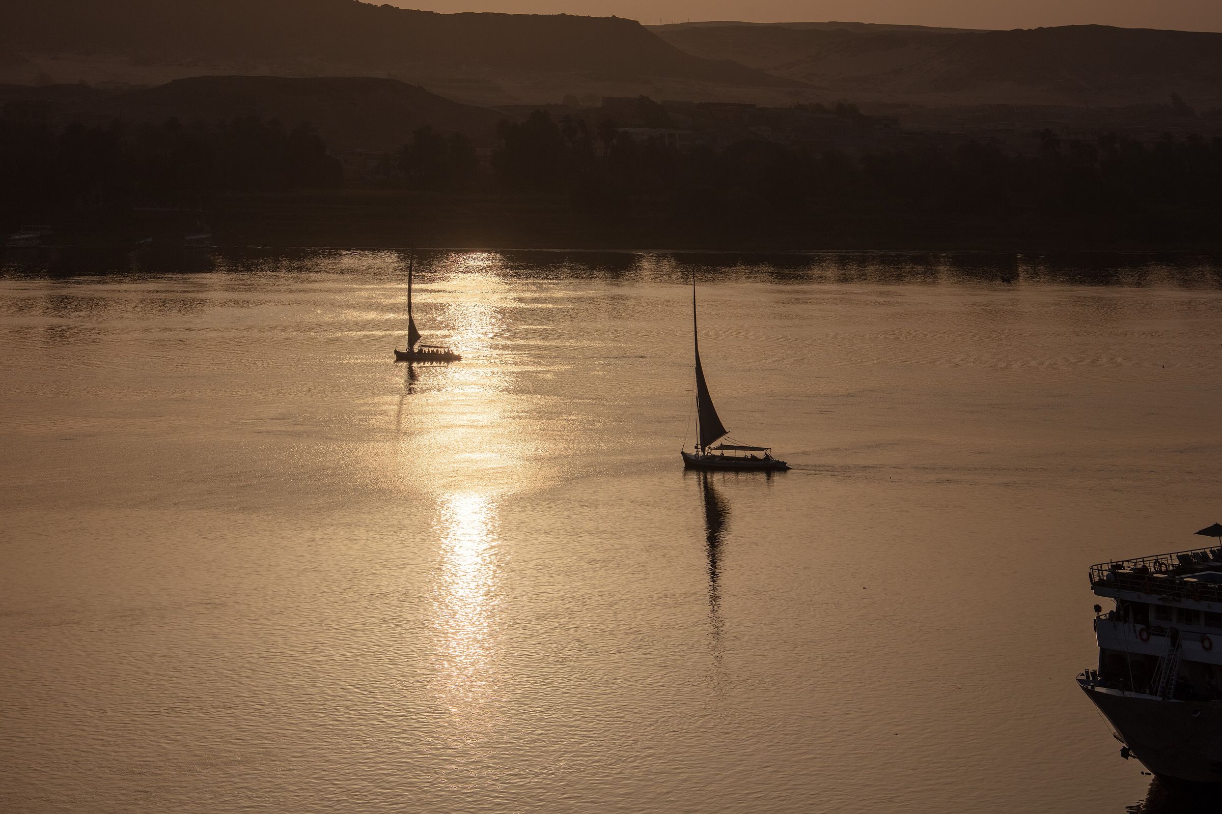 Feluccas on the Nile at Aswan at dusk