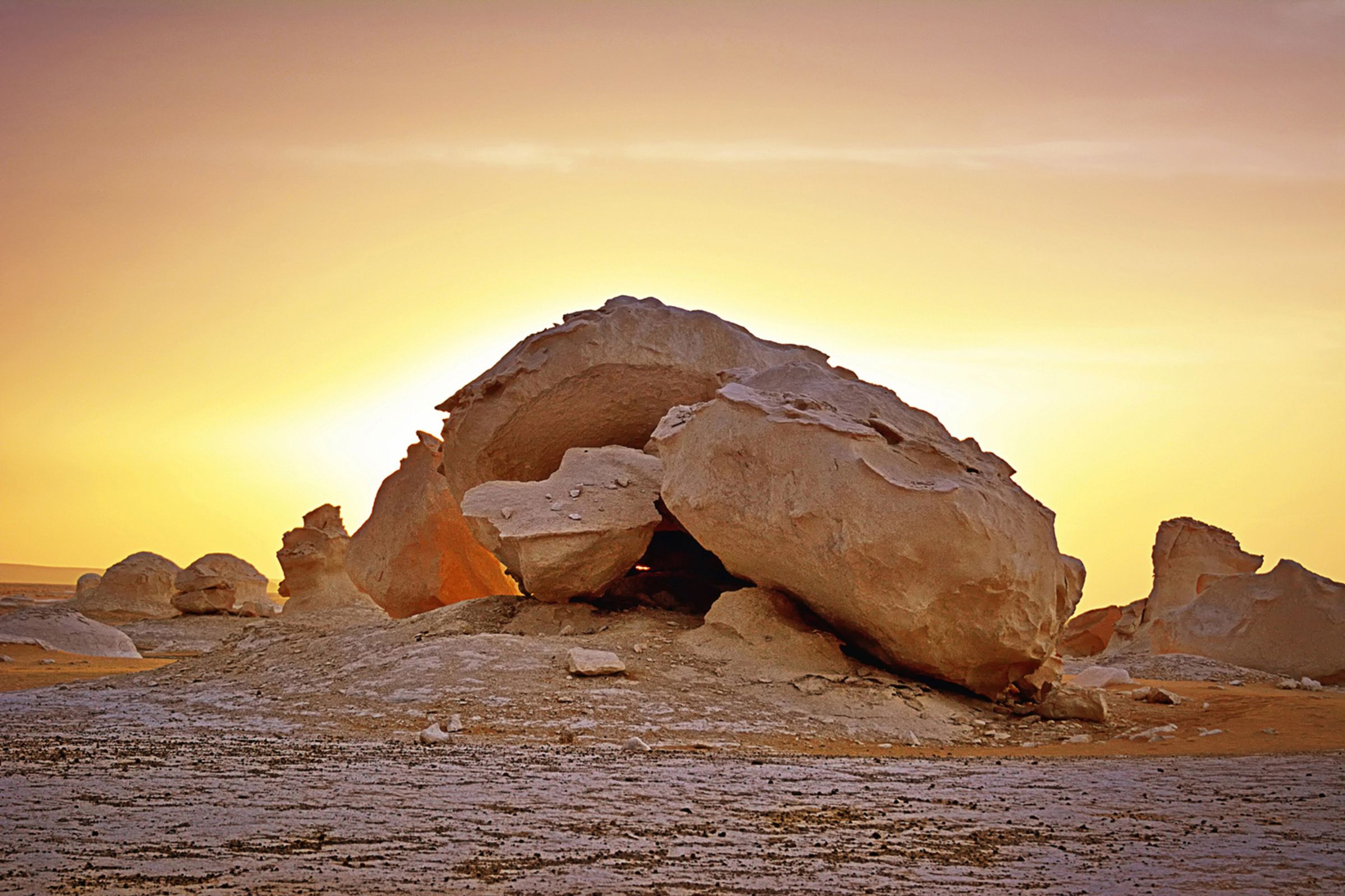 Chalk formations of the White Desert at sunset